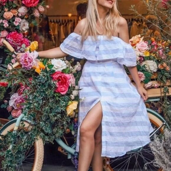 Lulu's Transatlantic Voyage Light Blue and Ivory Striped Midi Dress Medium NWT - Picture 1 of 16